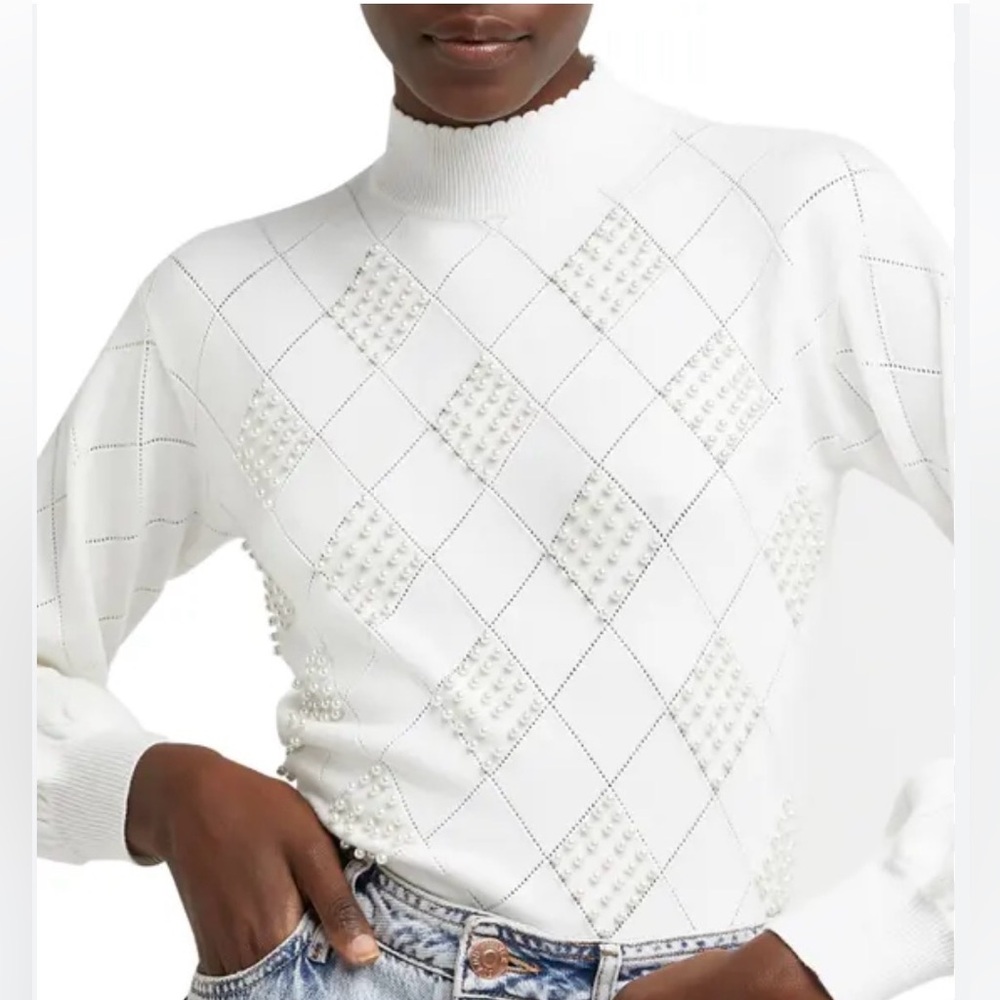 River Island Cream White Argyle Sweater With Pearl Detail Size M - Picture 3 of 10